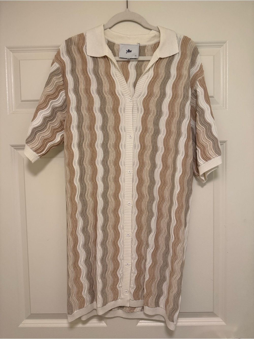 Wavy Stripe Button-Down Mini Dress in Beige & White